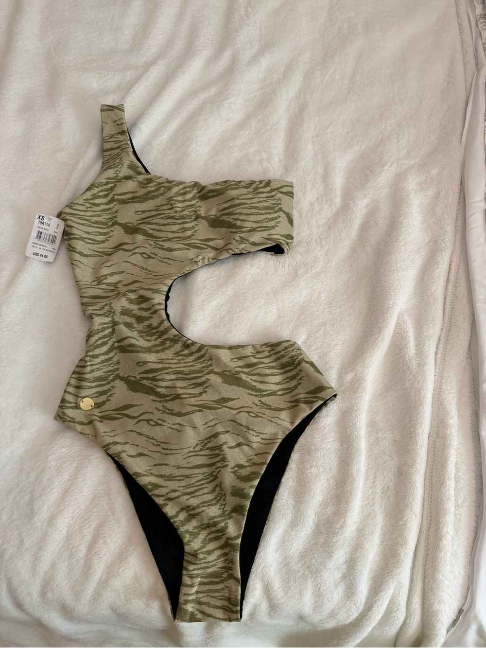 One-Shoulder Olive Green Tiger-Print Cutout One-Piece Swimsuit
